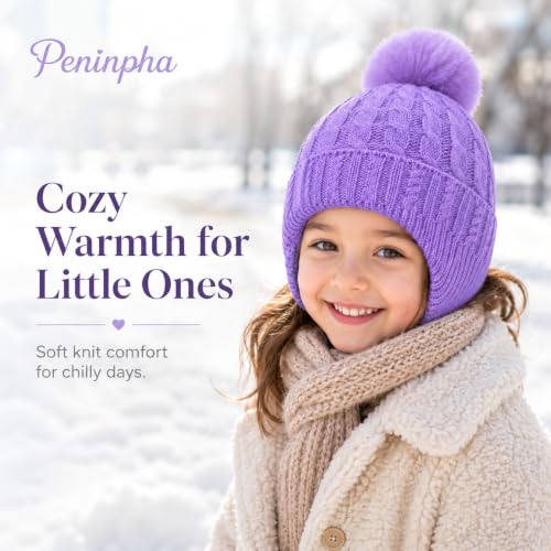 Toddler Baby Winter Hat with Earflap Kids Warm Twisted Knit Hat Infant Pom Pom Beanie Ski Cap for Baby Girls Boys - color: Purple, size: 2-6 Years