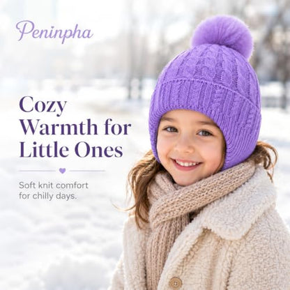 Toddler Baby Winter Hat with Earflap Kids Warm Twisted Knit Hat Infant Pom Pom Beanie Ski Cap for Baby Girls Boys - color: Purple, size: 2-6 Years
