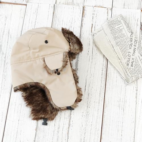 ONWAY Trapper Hat Winter Hats for Women Men with Faux Fur Ear Flaps - color: Beige