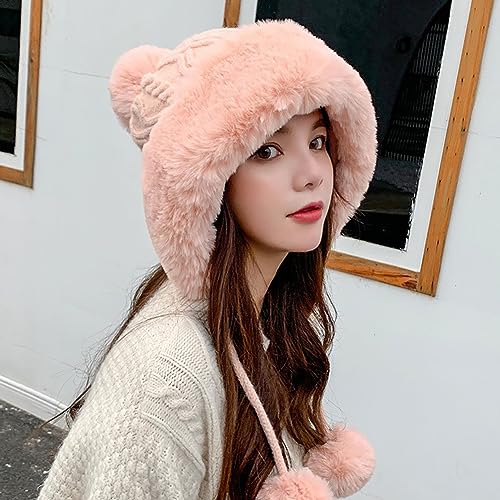 Winter Pompom Beanie Hats Women Knit Womens Beanie Faux Fur Crochet Skull Cap Warm Bucket Outdoor Ear Cover - color: Pink