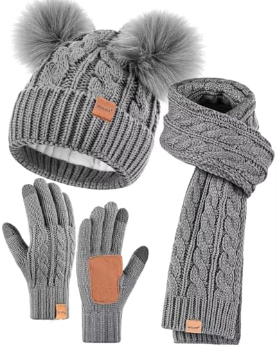 Winter Hat Scarf Glove Set for Women, Warm Fleece Lined Womens Beanie Hat with Double Pom Pom, Gloves with Touchscreen Fingers, Knit Scarf Neck Warmer for Cold Weather-Grey