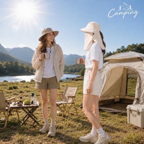 HUAMULAN Women Wide Brim Sun Hat Ponytail UV Protection Visor Fishing Cap - color: Beige