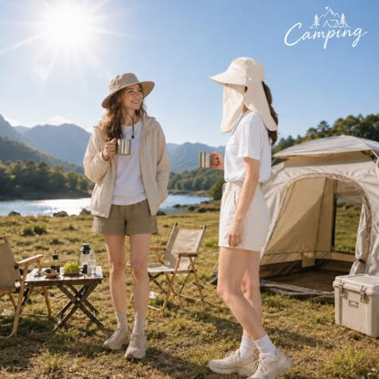 HUAMULAN Women Wide Brim Sun Hat Ponytail UV Protection Visor Fishing Cap - color: Beige