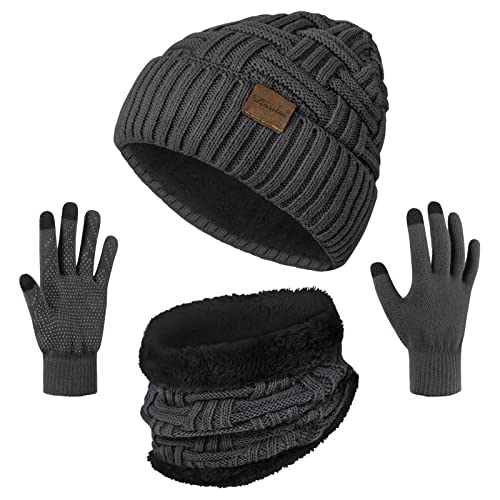 Loritta 3-Pieces Winter Hats for Women Warm Scarf Touchscreen Gloves - color: Hat Scarf Set-c-grey