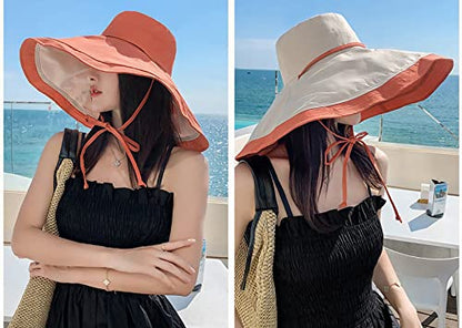 HUAMULAN Women Summer Vacation Wide Brim Sun Hat Reversible Fishing Hats - color: Orangebeige
