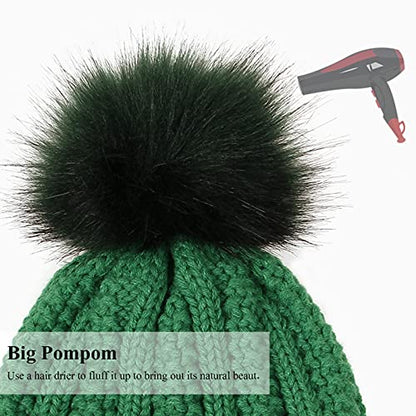 Muryobao Womens Satin Lined Beanie Hat with Faux Fur Pom Cuffed Winter Warm Knit Skull Cap - color: Green