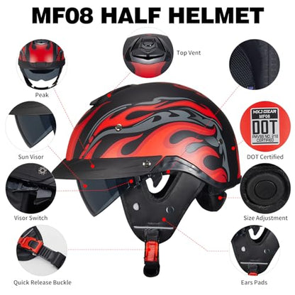 MF08 Half Helmet Sun Visor Retro Open Face Motorcycle Helmets - color: Neon-Fires