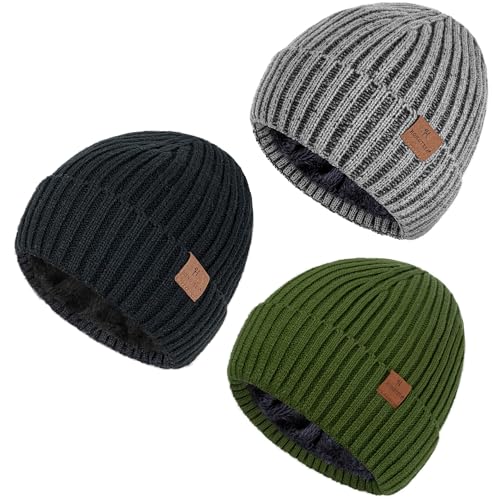HONGTEYA 3 Pack Winter Beanie for Men Women, Thicken Thermal Plush Lined Beanie Fashion Warm Knit Hat for Cold Weather - color: Black+gray+green