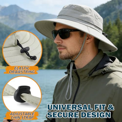 Men's UPF 50+ Waterproof Wide Brim Boonie Hat, Sun & Rain Protection - color: Beige