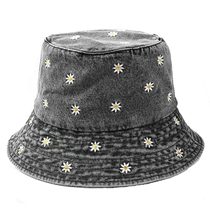 Premium Cotton Bucket Hats,Packable Hats for Men Women,Summer Bucket Hat,Fishing Sun Hats - color: Black+emboridery