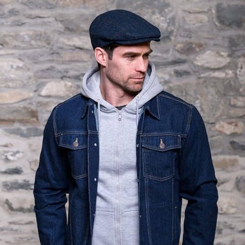 Mucros Weavers Irish Flat Cap Men Trinity Tweed Hat Driving Cap Made in Ireland - color: Col 34 (Blue Herringbone), size: Medium