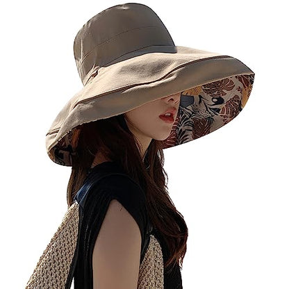 HUAMULAN Women Summer Vacation Wide Brim Sun Hat Reversible Fishing Hats - color: Khaki