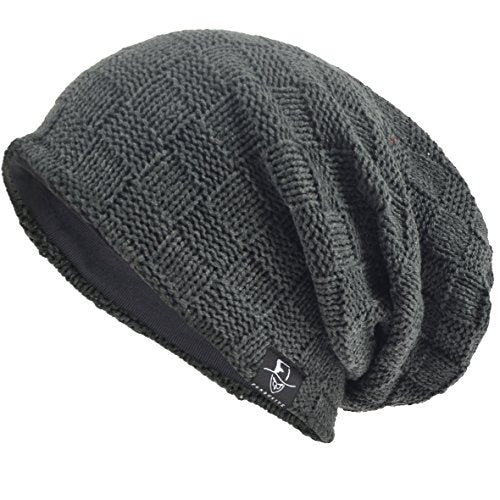 VECRY Men's Slouch Beanie Skull Cap Long Baggy Hip-Hop Winter Summer Hat - color: Checked-grey