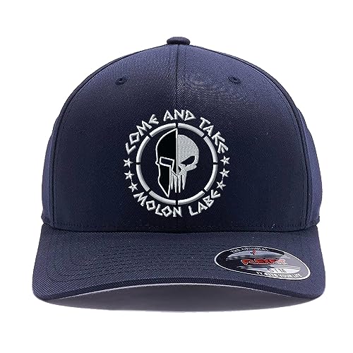 Spartan Skull Warrior Helmet Molon Labe/ΜΟΛΩΝ ΛΑΒΕ - Come and Take Embroidered Flex Fitted Baseball Hat - color: Dark Navy, size: Small-Medium