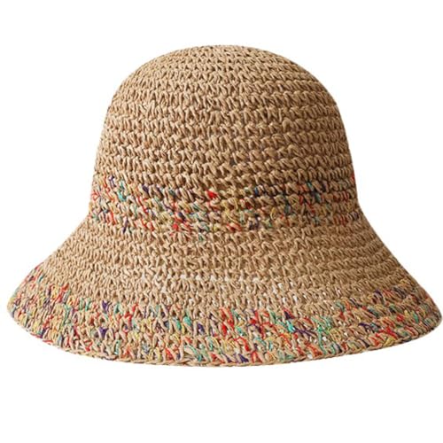 KORADI Womens Sun Hats Straw Hat Summer Beach Hats Foldable Floppy Cap Wide Brim Woven Bucket Hat - color: Khaki01