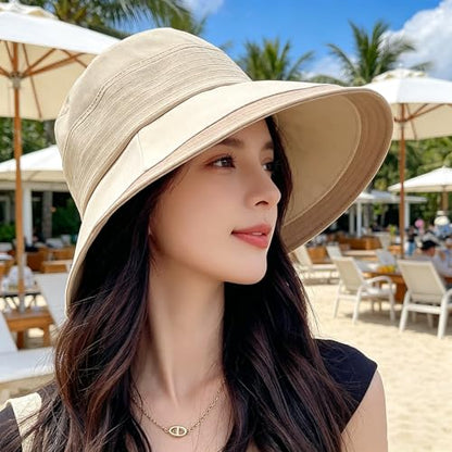 Women UPF50+ Wide Brim Bucket Sun Hat Wired Edge Adjustable Chin Strap - color: Beige