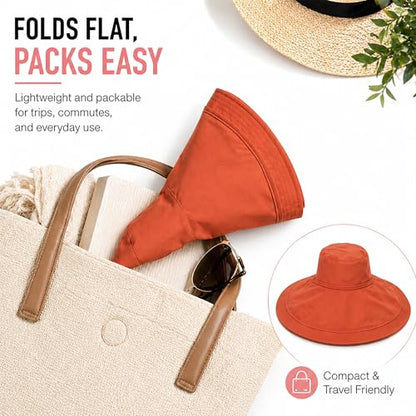 Wide Brim Sun Hat for Women Reversible Beach Bucket Summer Hats Ponytail - color: Orange-red