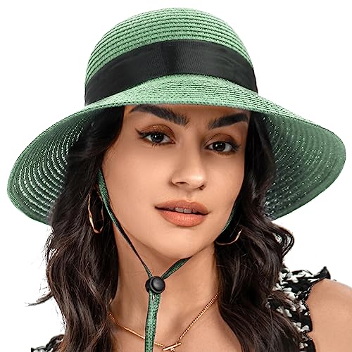 Sun Straw Hat for Women with Wind Lanyard Wide Brim Foldable Beach Summer Hats Womens UV 50+ Protection Bowknot Cap - color: Mint Green