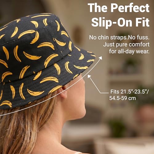 ZLYC Printed Bucket Hat for Women Men Packable Summer Sun Hat for Beach - color: Banana Black