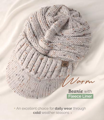 Women Men Winter Beanie Hat with Visor, Warm Fleece Lined Beanie Cap, Thick Knit Cap Slouchy Hat with Brim - color: Oatmeal