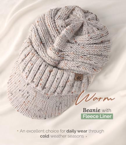 Women Men Winter Beanie Hat with Visor, Warm Fleece Lined Beanie Cap, Thick Knit Cap Slouchy Hat with Brim - color: Oatmeal