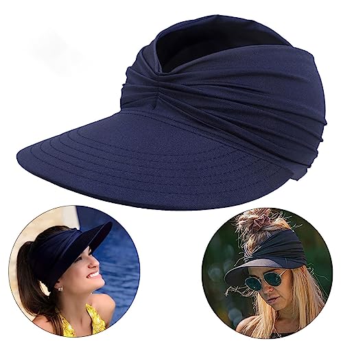 Sun Hat Women Beach Visor Cap UV Protection with Wide Brim Packable Summer Sport Ponytail Sun Cap - color: Navy Blue