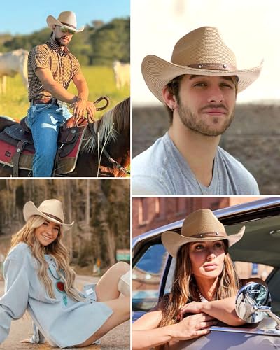 FURTALK Cowboy Sun Hats for Women Men Western Cowgirl Hats with Wind Lanyard Beach Hat - color: Khaki, size: Large-X-Large