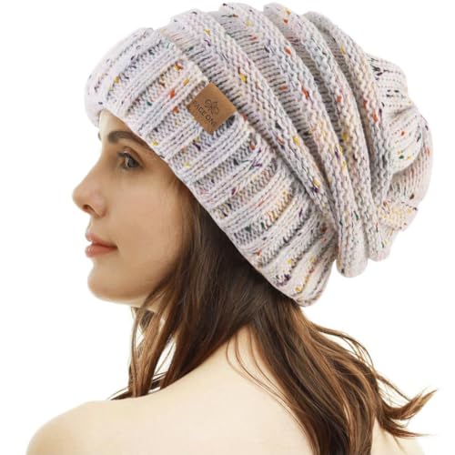 Womens Winter Beanie Warm Knit Hat Cable Stretch Trendy Ribbed Chunky Cap - color: Dot White