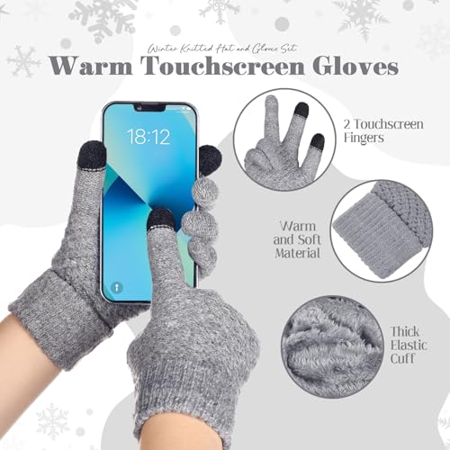 Womens Winter Fleece Lined Knitted Beanie Hat Glove Set, Warm Pom Pom Beanie Knit Cap Touchscreen Gloves for Women - color: Gray