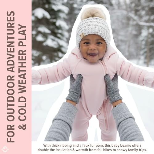Funky Junque Baby Pom Pom Beanie – Soft Knit Infant Winter Hat for Baby Girls & Boys, Cozy Warm Newborn Beanie 0–12 Months - color: Confetti Ivory - Faux Fur Pom