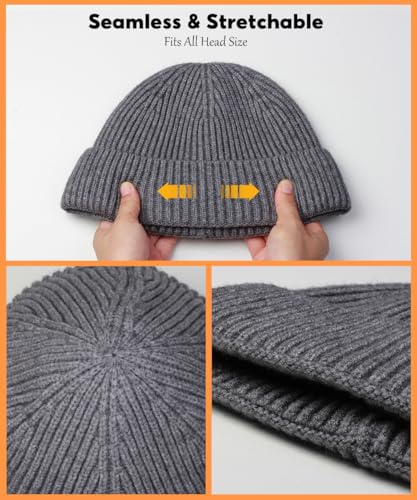 Heniho Wool Fleece Lined Fisherman Beanie for Men, Winter Warm Hats Cuffed Knit Watch Cap Trawler Hat - color: 2pack I- Black&grey