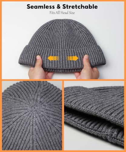 Heniho Wool Fleece Lined Fisherman Beanie for Men, Winter Warm Hats Cuffed Knit Watch Cap Trawler Hat - color: 2pack I- Black&grey