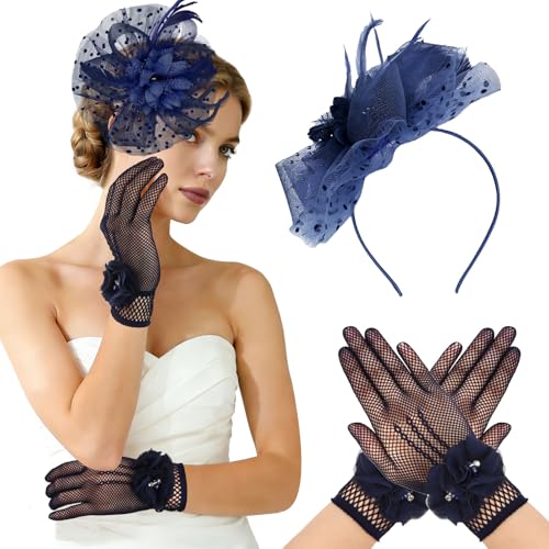 Fascinator Hat and Lace Gloves Set for Women Vintage Derby Tea Party Headpiece with Feather - color: Navy Blue