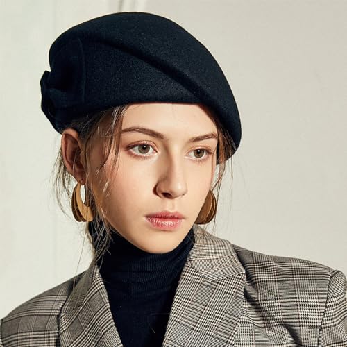 Wedding Hats for Women Vintage Wool Felt Berets Ladies Pearl Fascinator Autumn Winter Cap Bow Church Fedoras - color: Black 5