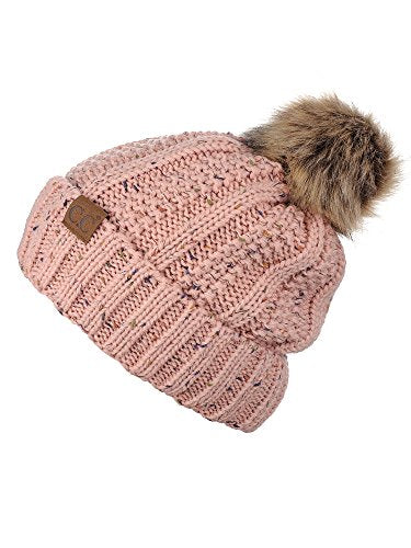 C.C Thick Cable Knit Faux Fuzzy Fur Pom Fleece Lined Skull Cap Cuff Beanie - color: Confetti Indi Pink