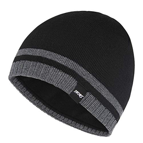 Mens Winter Beanie Hat Warm Knit Cuffed Plain Toboggan Ski Skull Cap (3 Patterns) - color: Black
