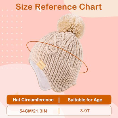 Kids Winter Beanie Hat and Scarf Set with Pom Pom for Girls, Children's Thick Ski Cap with Earflap Fleece Lined Hat 3-9 Years - color: Pink+scarf