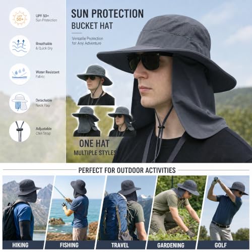 Sun Hat Bucket Hats for Men Women,Outdoor Wide Brim Fishing Hat with Detachable Face Cover & Neck Flap UV Protection - color: Khaki-1