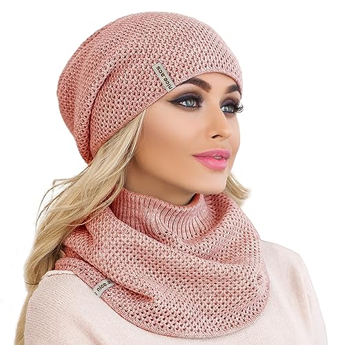 Hat and Scarf Set for Women – Knit Winter Beanie Fleece Lined Neck Warmer – Wool Double Layer Cap - color: Pink