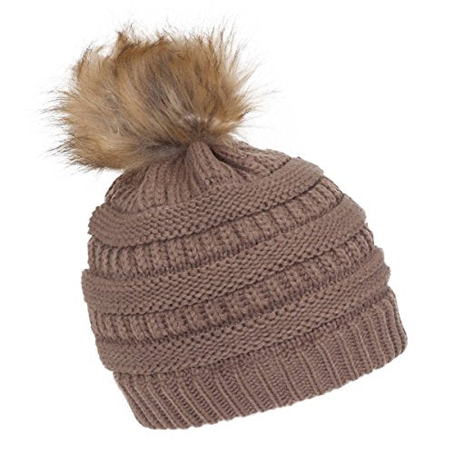 Gravity Threads Cable Knit Faux Fur Pom Pom Beanie Hat - color: Taupe