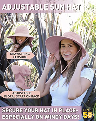 Tirrina Women's Sun Hat Wide Brim, UV Protection Sun Hats for Women - color: Pink W/ Floral Ribbon
