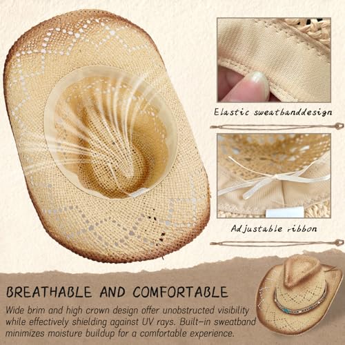 Straw Cowboy Hat for Women, Cowgirl Hat Wide Brim Western Cowboy Hat - color: Style9
