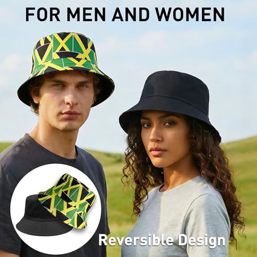 Reversible National Flag Bucket Hat Packable Sun Hat for Men Women Soccer Fan Fisherman Hat for Outdoor Travel Beach - color: Jamaica Flag
