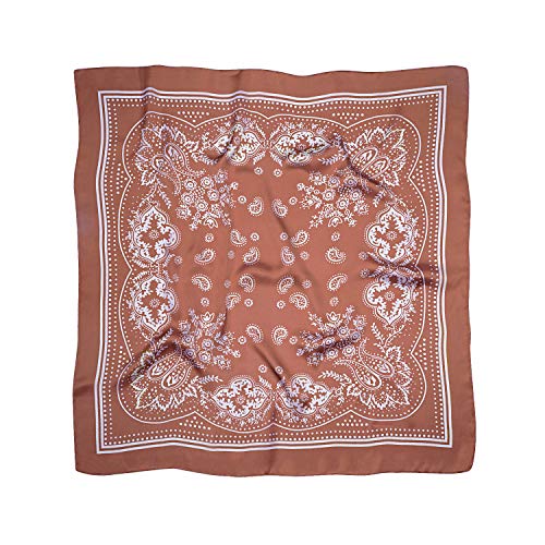 VANLINKER 27.5 Inches Silk Head Scarf for Women Men Vintage Bandanas Satin Hair Scarf Silk Wrap Neck Square Scarves VL9549 - color: C4 Caramel With White Pattern