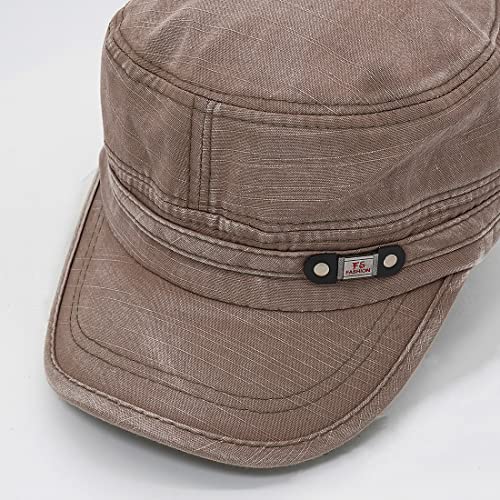 Unisex Cadet Army Cap Adjustable Flat Top Cap Washed Cotton Military Hat Baseball Cap - color: Brown