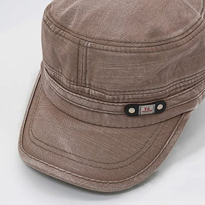 Unisex Cadet Army Cap Adjustable Flat Top Cap Washed Cotton Military Hat Baseball Cap - color: Brown
