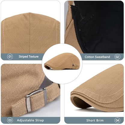 meioro Men's Cotton Newsboy Hat Striped Texture Adjustable Flat Cap - color: Khaki