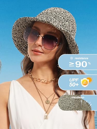 sy soul young Women's Straw Sunhat Wide Brim Hand Woven Beach Bucket Hat - color: Beige & Black