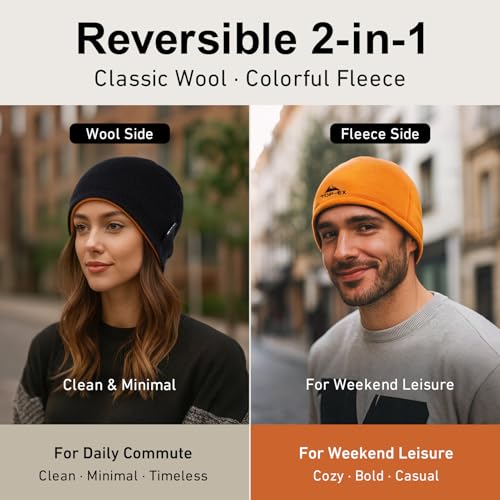 TOP-EX PolarWool™ Wool Beanie Hat for Men Women Fleece Lined Skull Cap Winter Knit Hat Watch Caps Reversible & Windproof - color: Black, size: X-Large-XX-Large