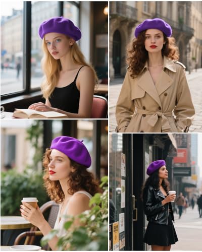 French Beret Hats for Women - Wool Solid Color Beanie Cap - color: Grape Purple